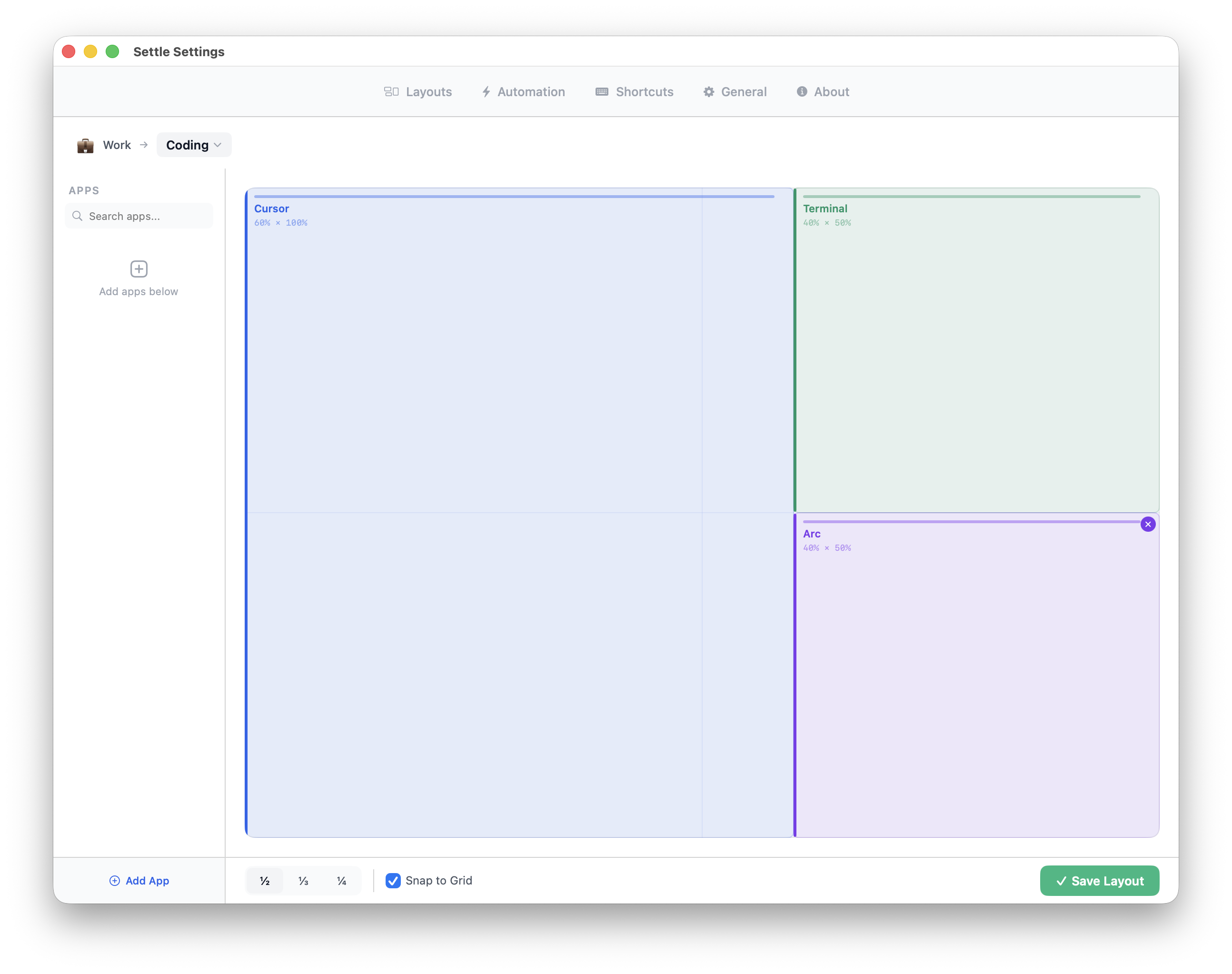 Layout editor canvas with three colored window blocks