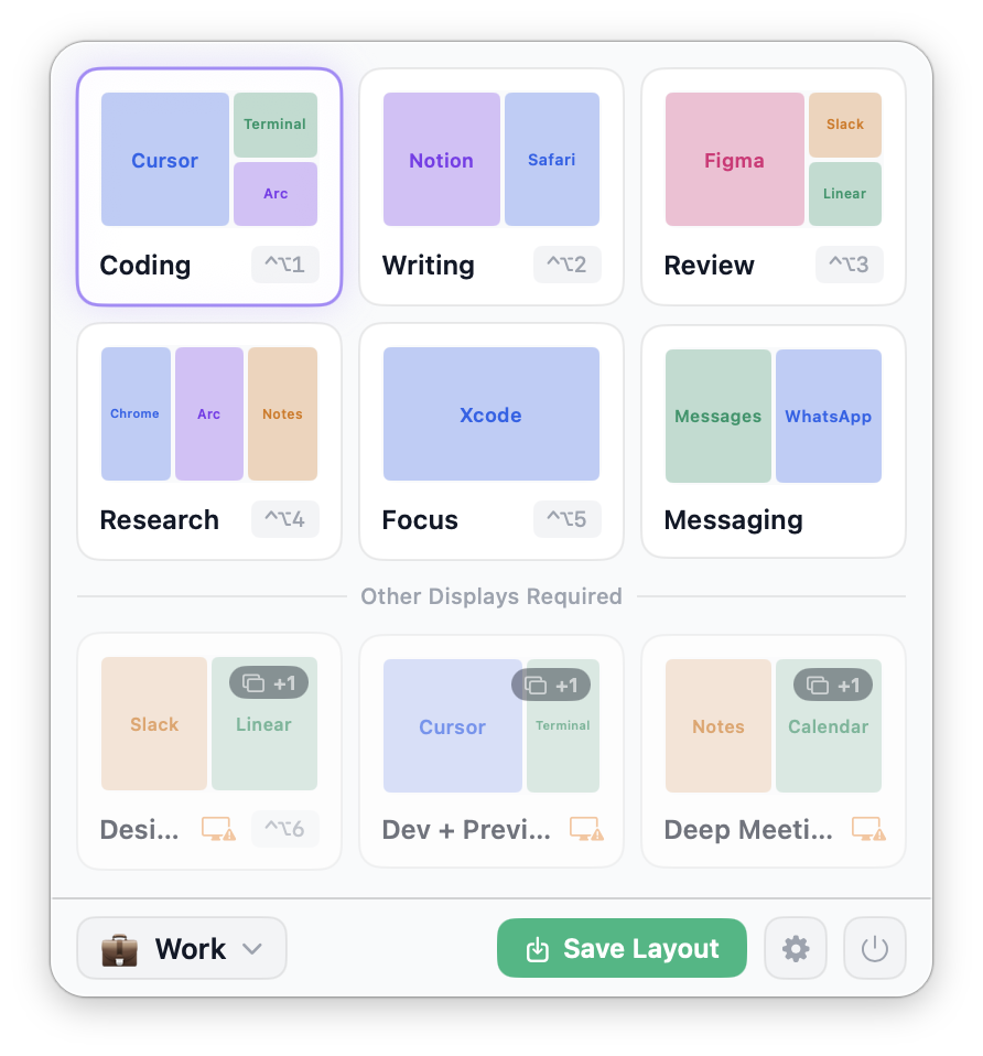 Settle menu bar popover with nine saved layouts
