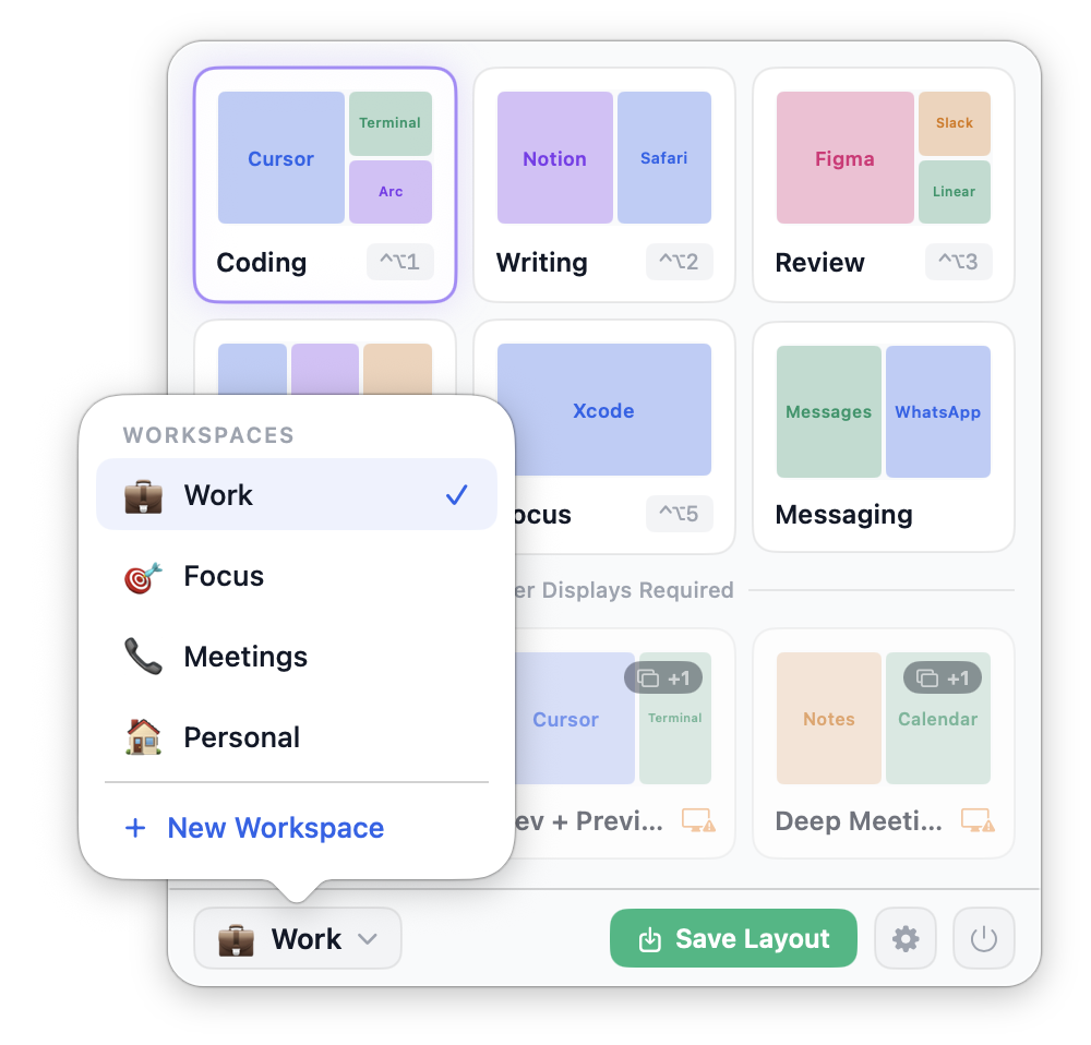 Workspace dropdown showing Work, Focus, Meetings, Personal