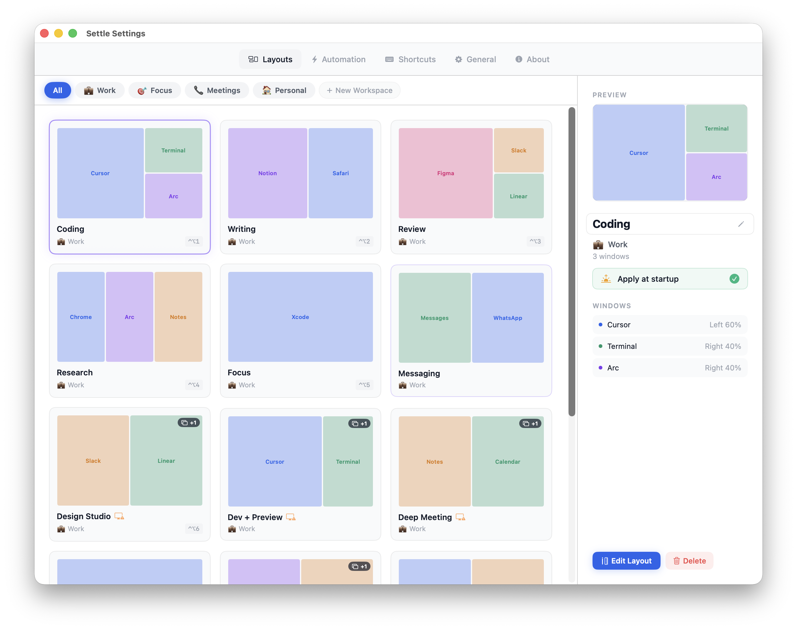 Settings showing all layouts grid