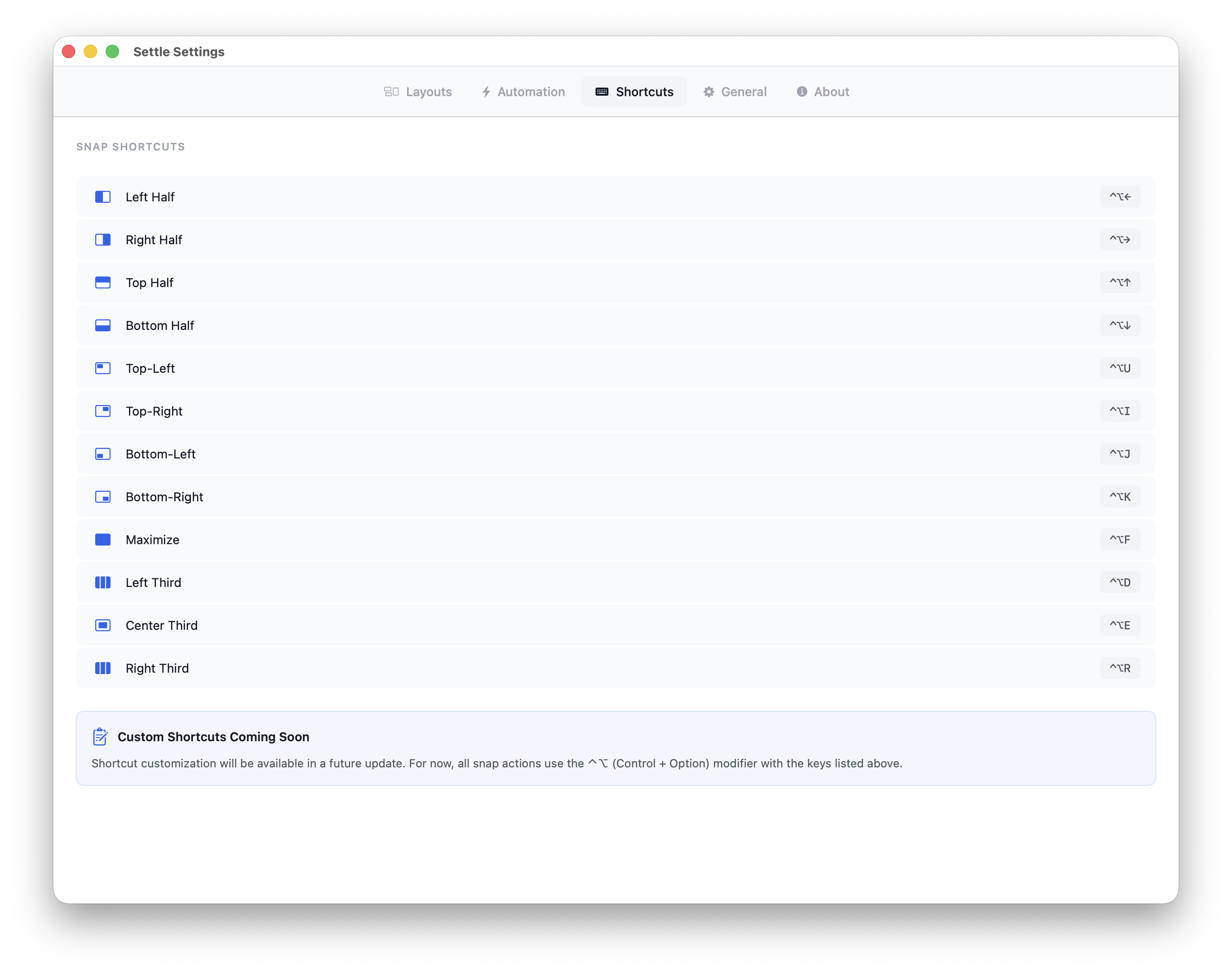 Snap shortcuts settings